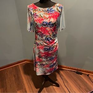 Jones New York blue dress with hot pink floral pattern.